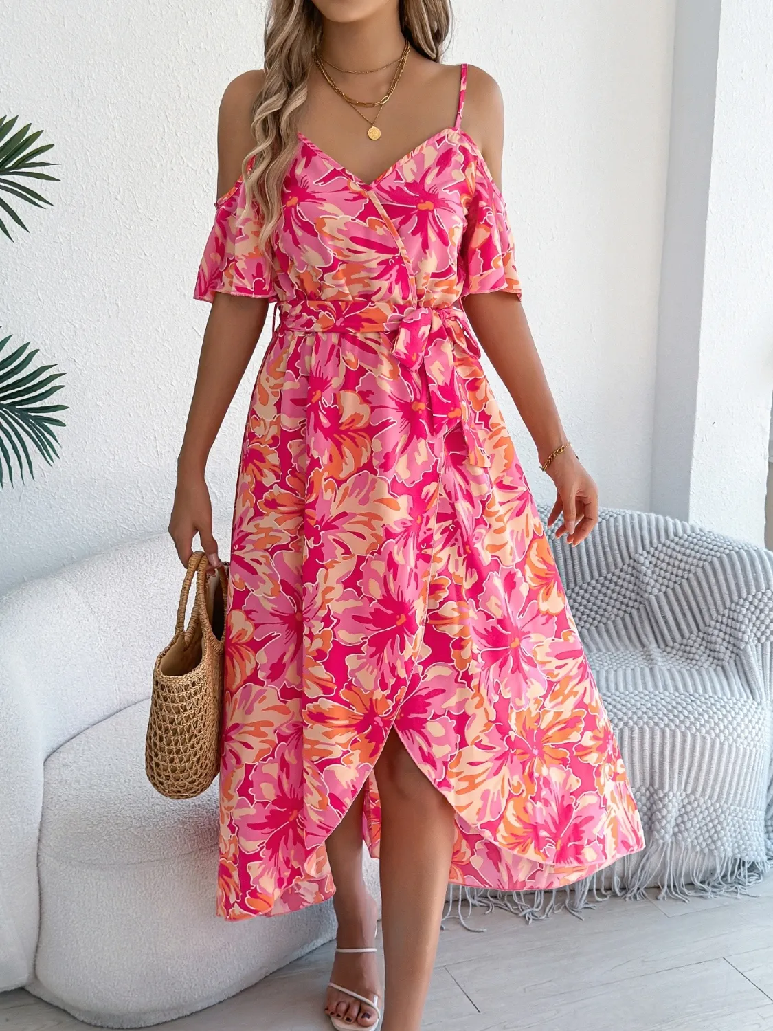 Printed Cold Shoulder Midi Cami Dress - Image 9