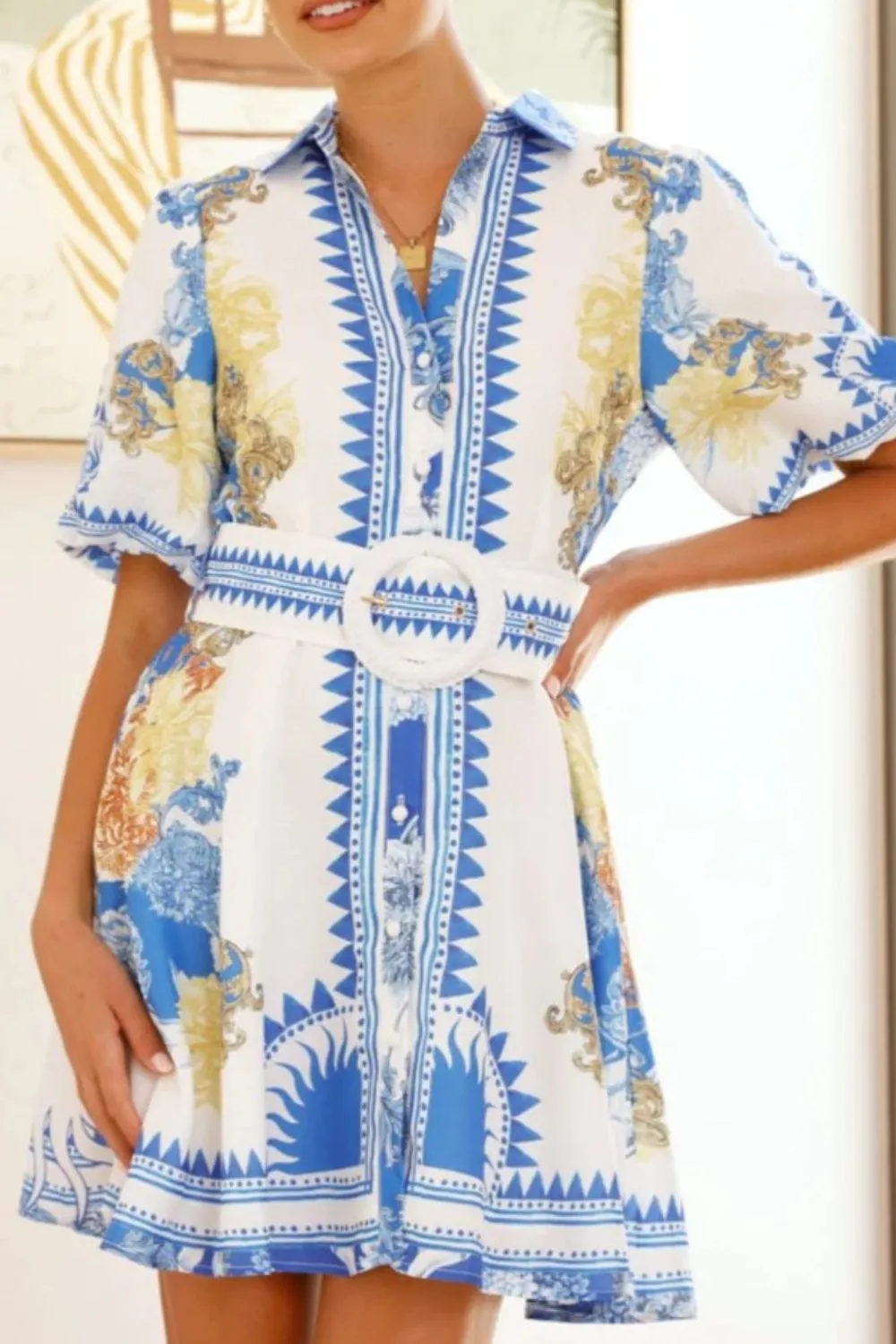 Printed Collared Neck Half Sleeve Dress