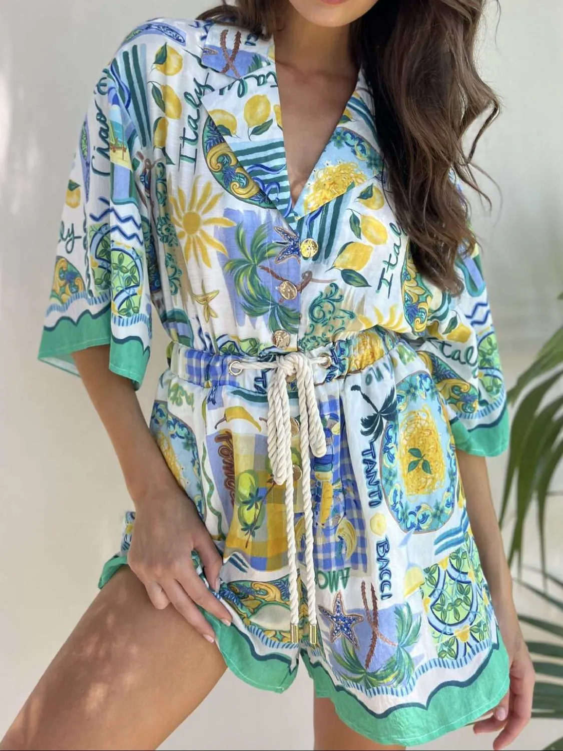 Printed Collared Neck Half Sleeve Romper - Image 8