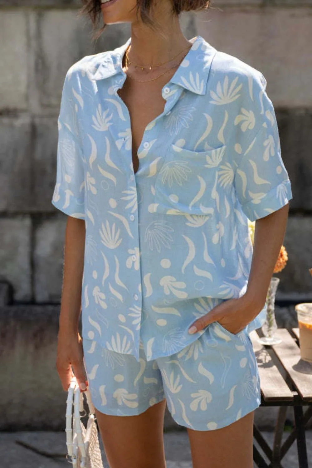 Printed Collared Neck Top and Shorts Set - Image 2