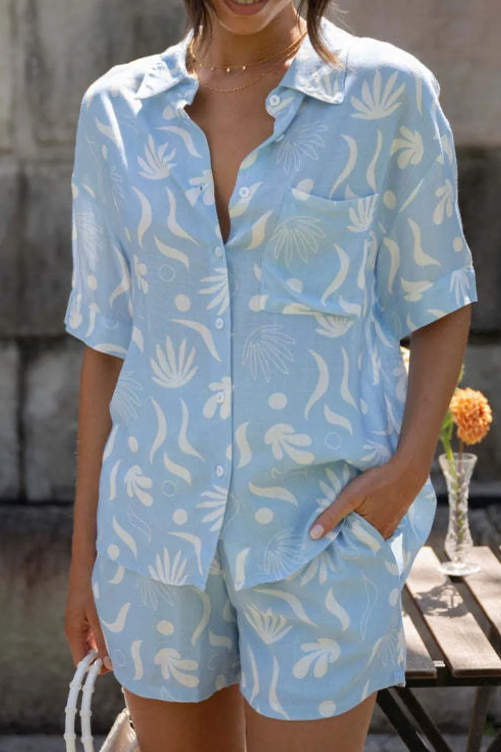 Printed Collared Neck Top and Shorts Set - Image 5
