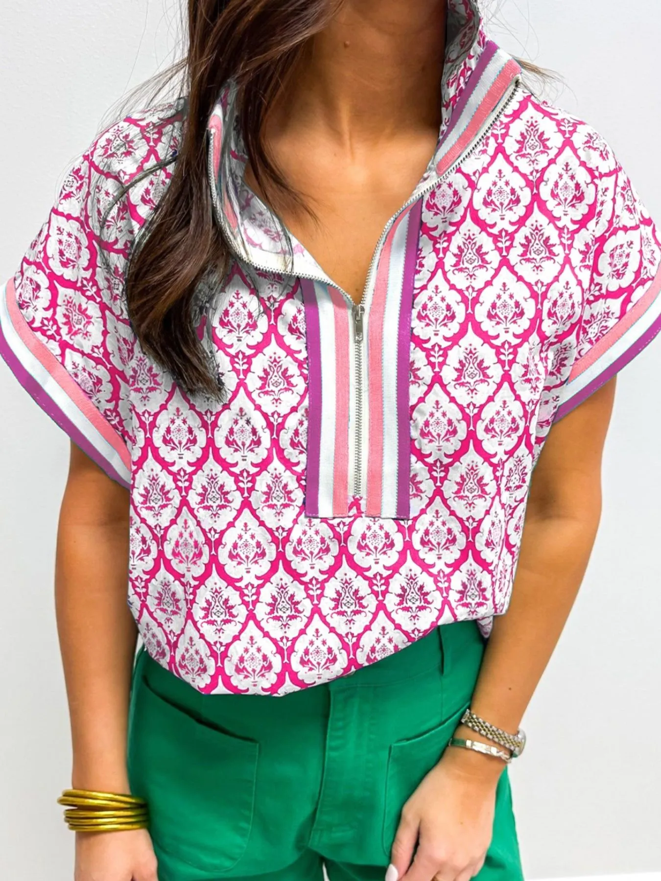 Printed Half Zip Short Sleeve Blouse - Image 3