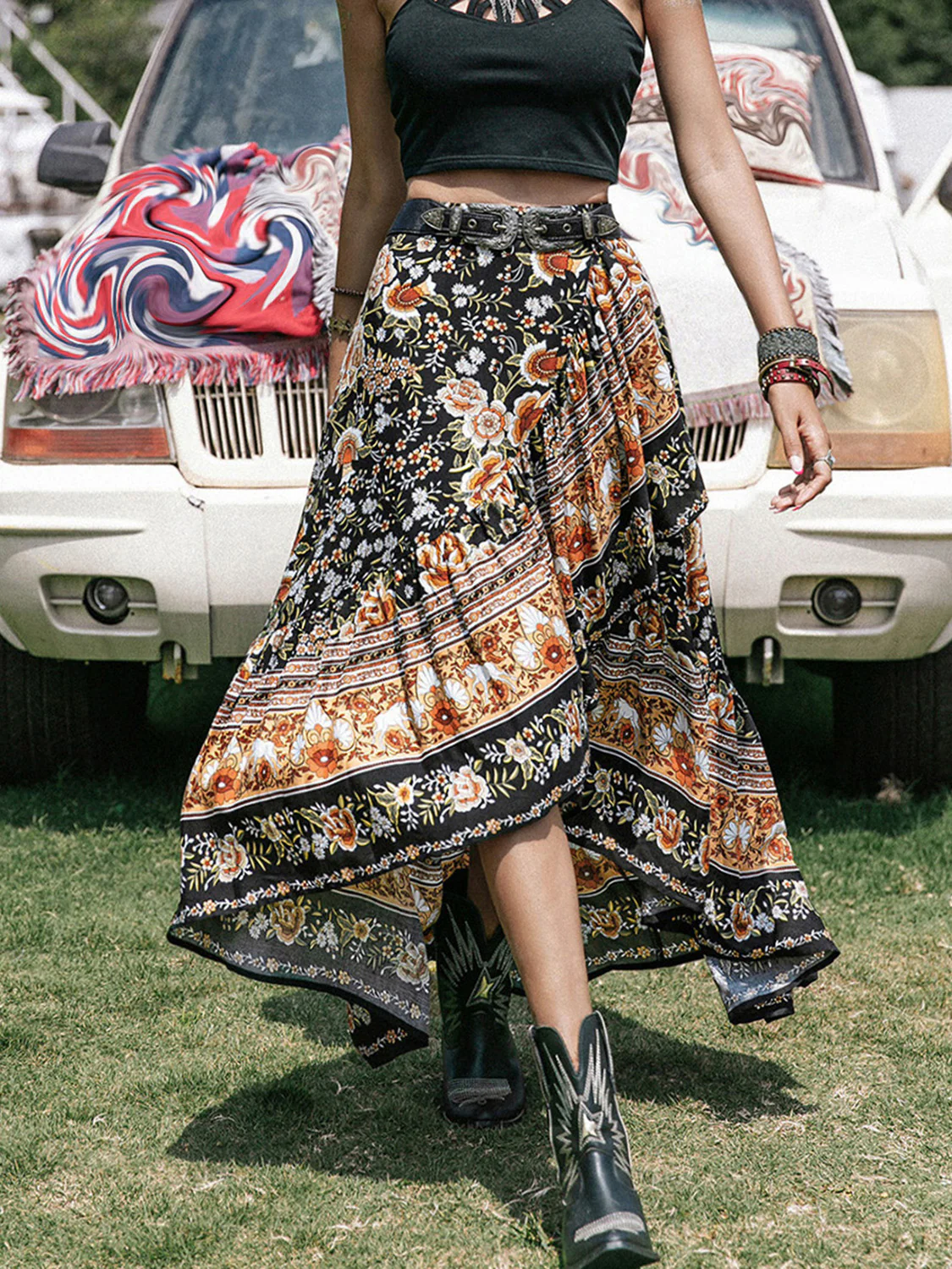 Printed High-Low Ruffle Hem Skirt - Image 3