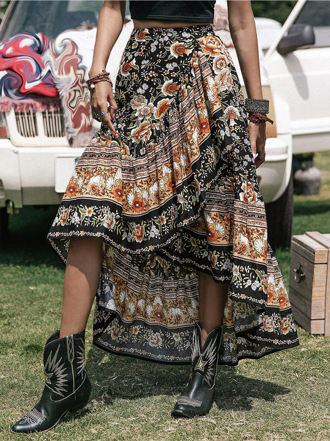 Printed High-Low Ruffle Hem Skirt - Image 5