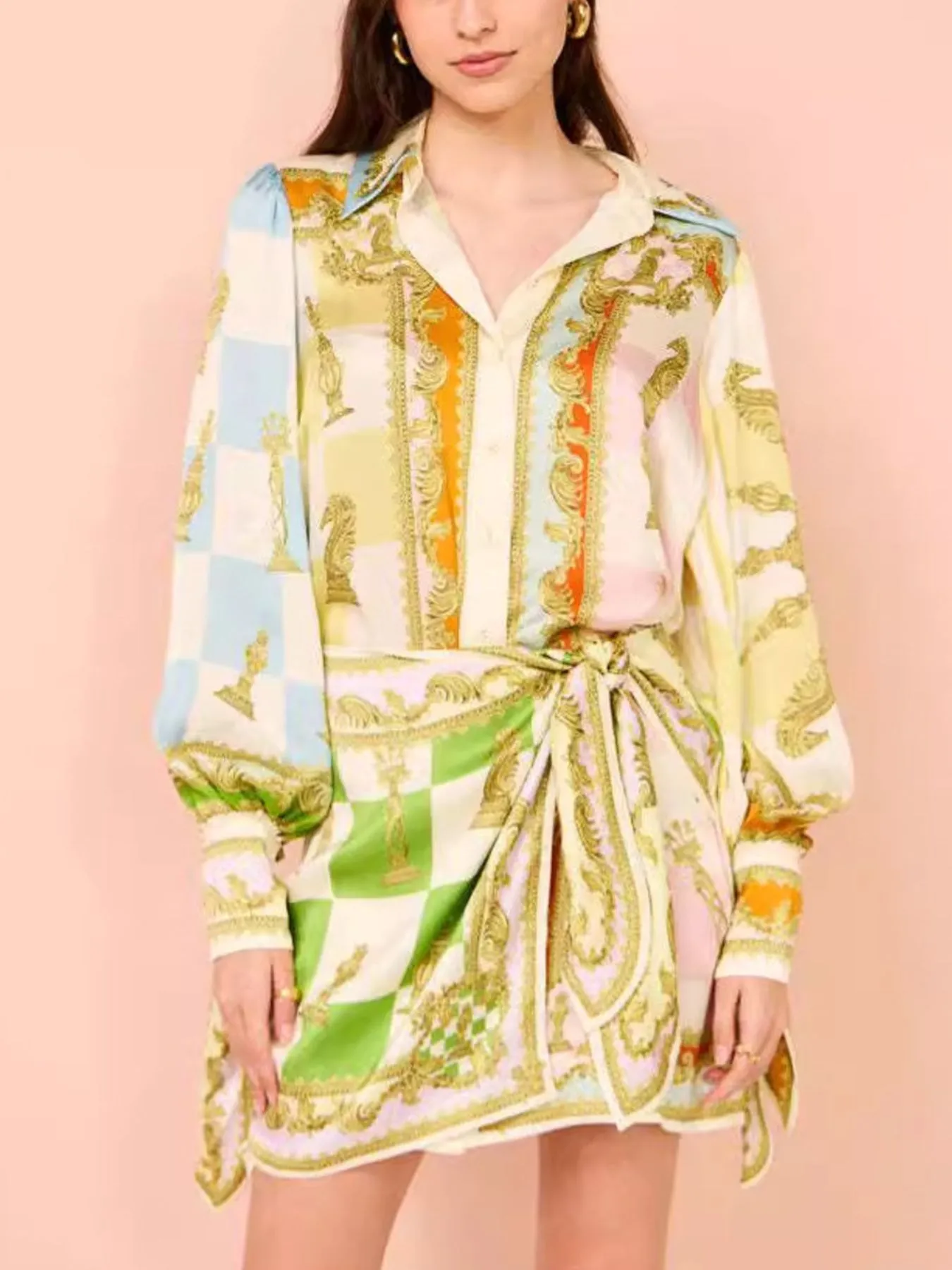 Printed Lantern Sleeve Shirt Dress