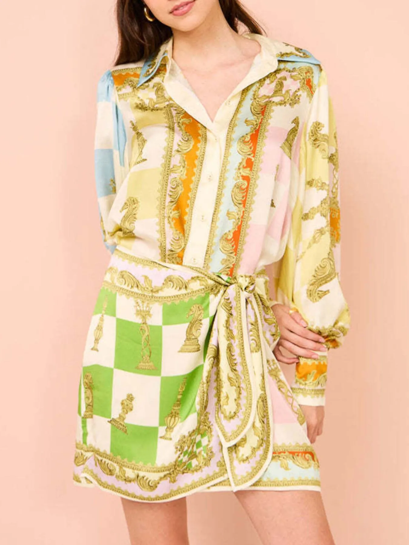 Printed Lantern Sleeve Shirt Dress - Image 2