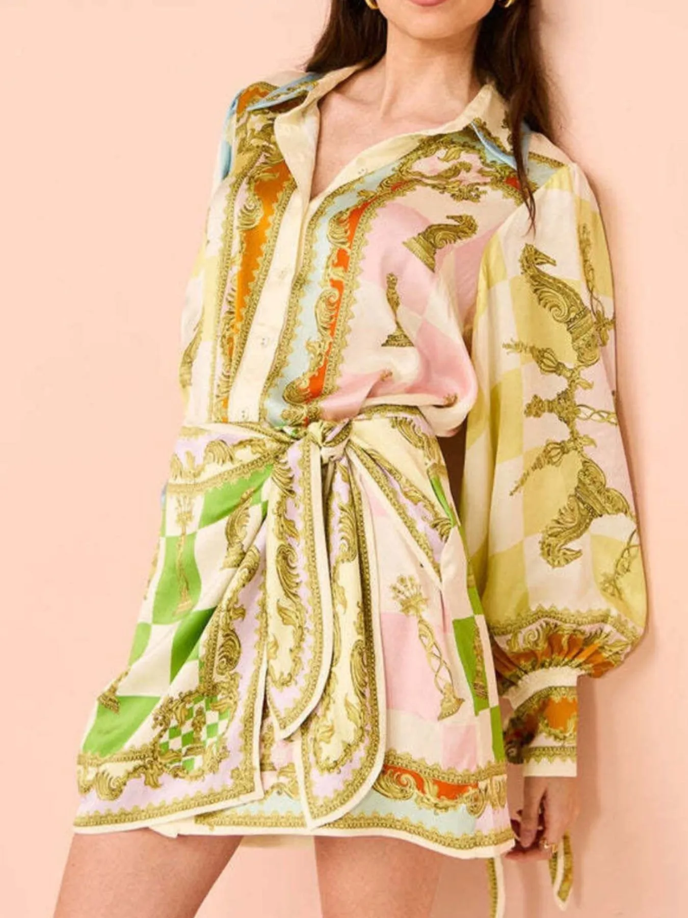 Printed Lantern Sleeve Shirt Dress - Image 3