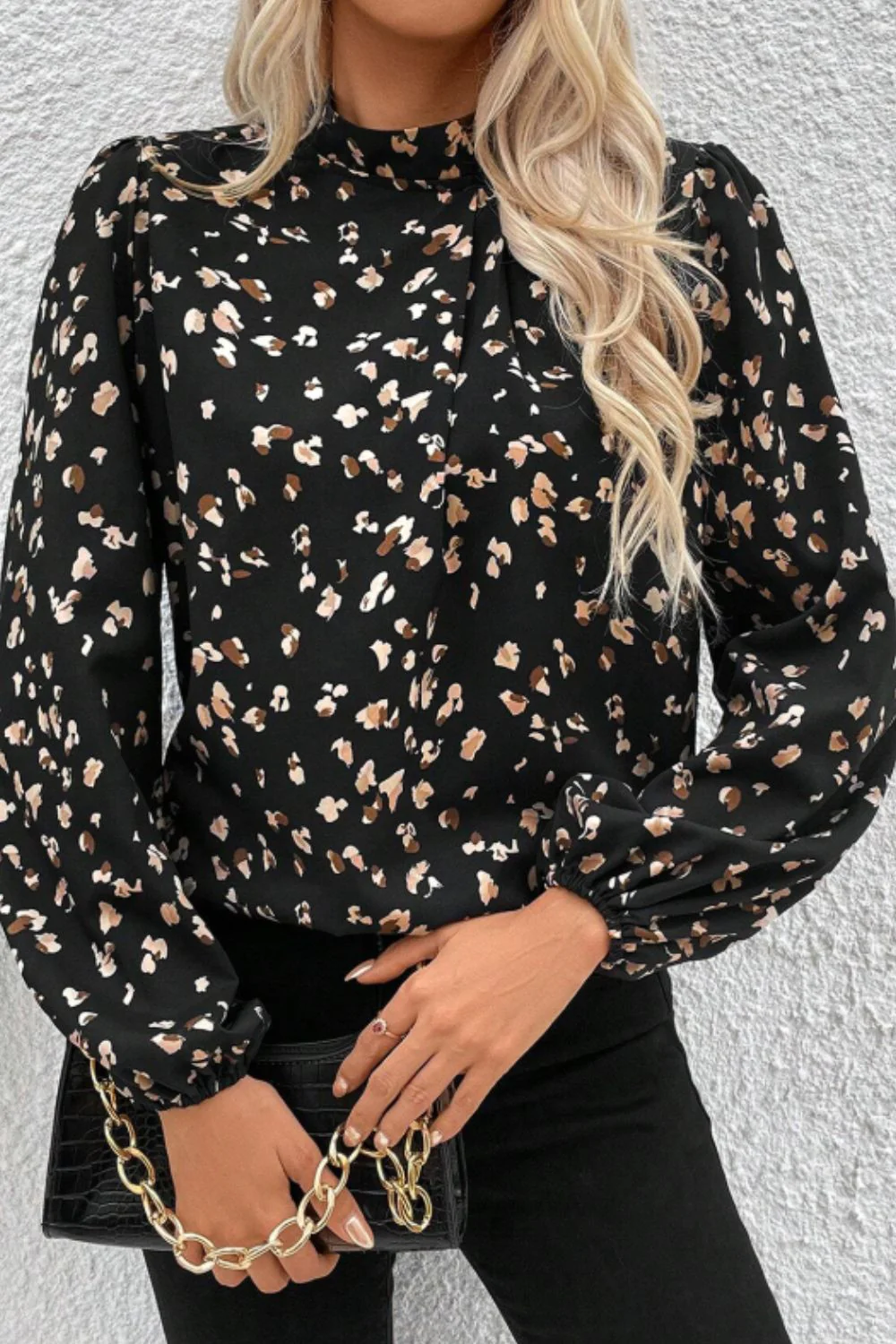 Printed Mock Neck Balloon Sleeve Blouse - Image 10