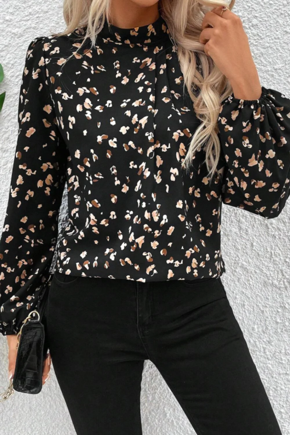 Printed Mock Neck Balloon Sleeve Blouse - Image 11