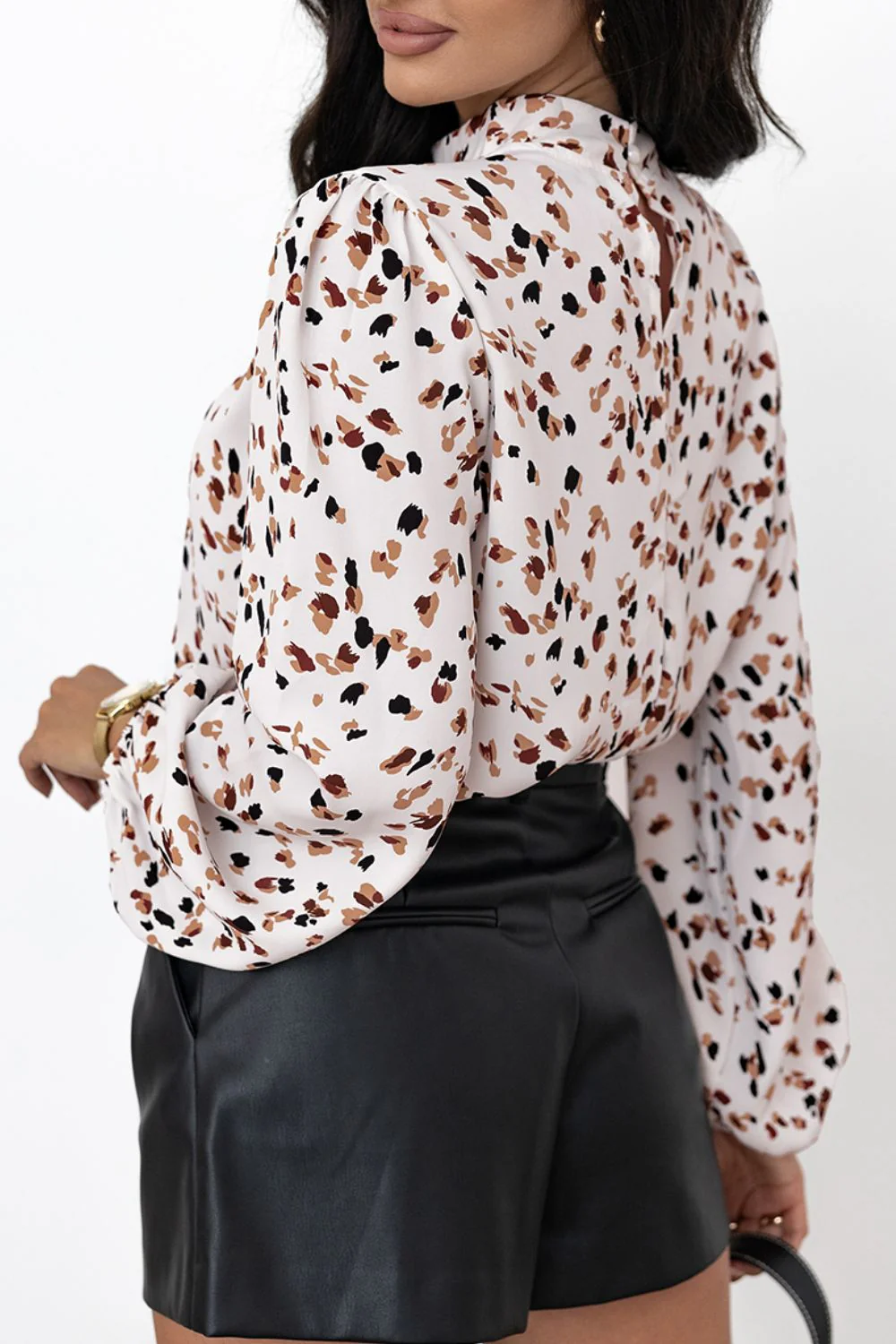 Printed Mock Neck Balloon Sleeve Blouse - Image 3
