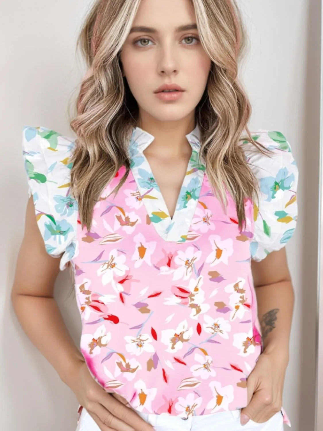 Printed Notched Cap Sleeve Blouse - Image 2