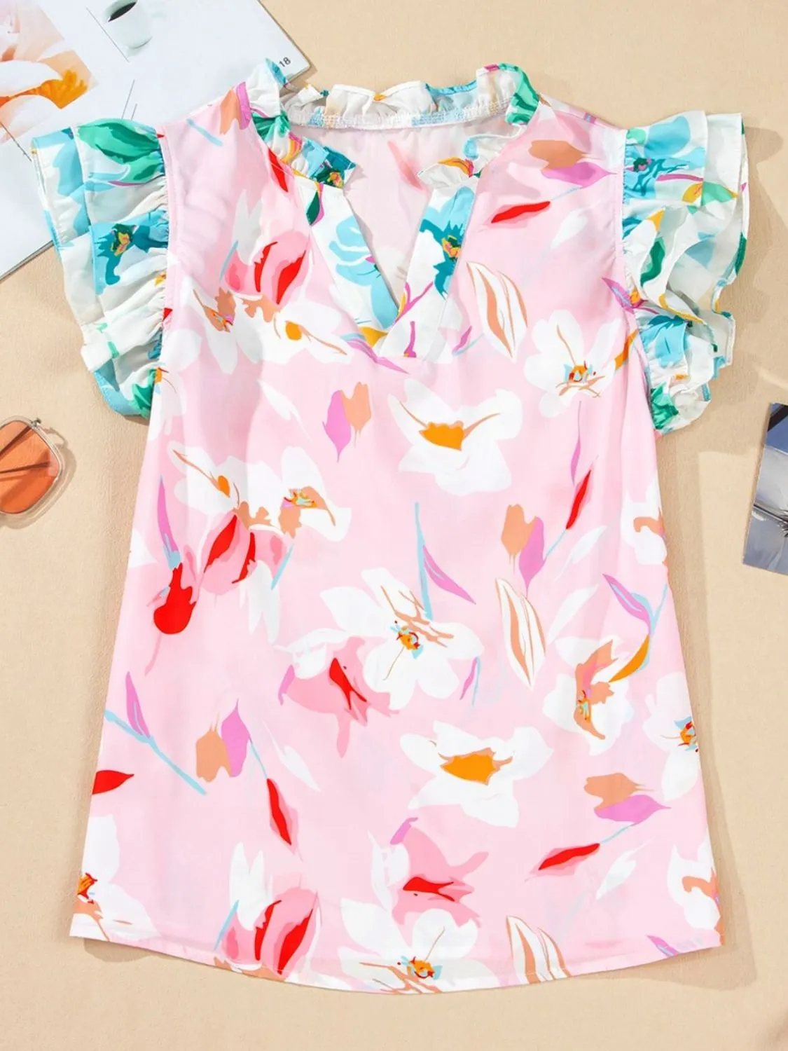 Printed Notched Cap Sleeve Blouse - Image 3