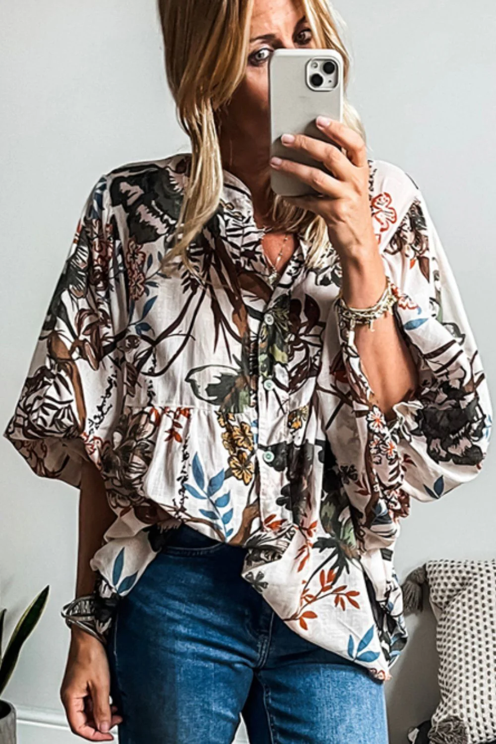 Printed Notched Flounce Sleeve Blouse - Image 2