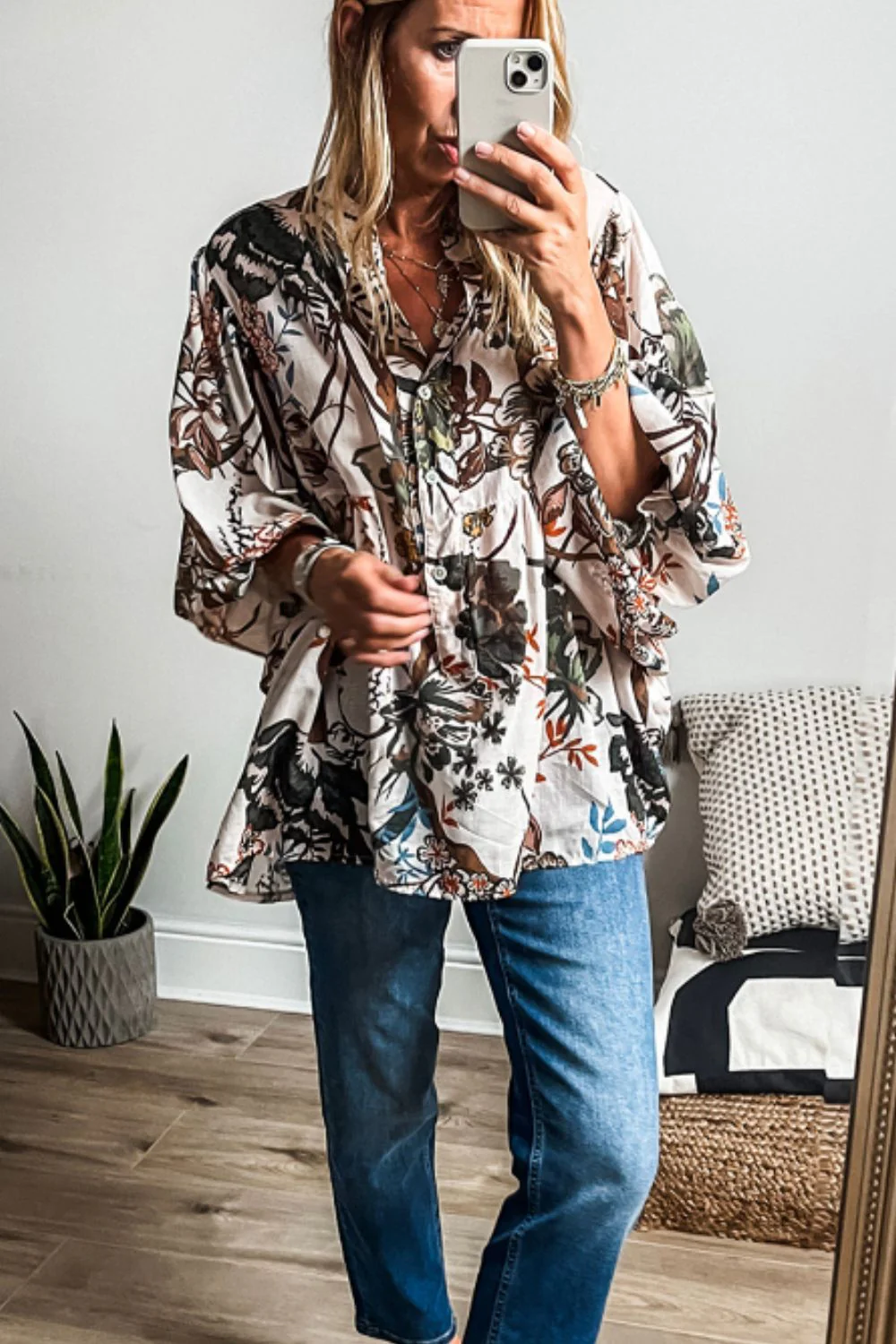Printed Notched Flounce Sleeve Blouse - Image 3