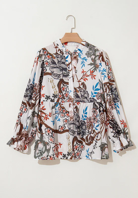 Printed Notched Flounce Sleeve Blouse - Image 4