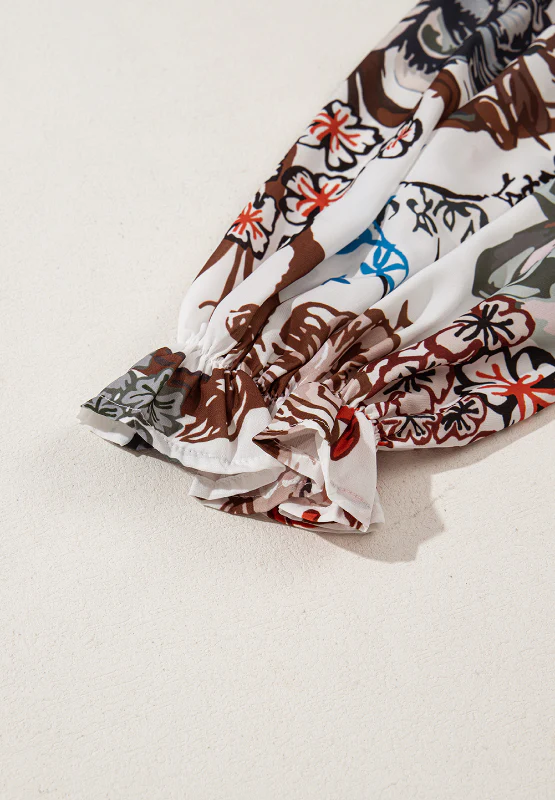 Printed Notched Flounce Sleeve Blouse - Image 7