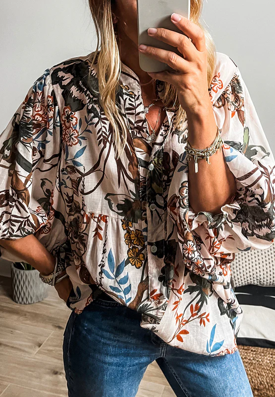Printed Notched Flounce Sleeve Blouse - Image 8