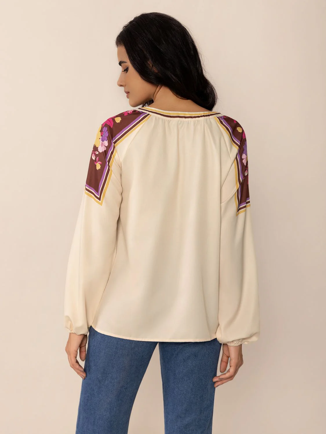 Printed Notched Long Sleeve Blouse - Image 2