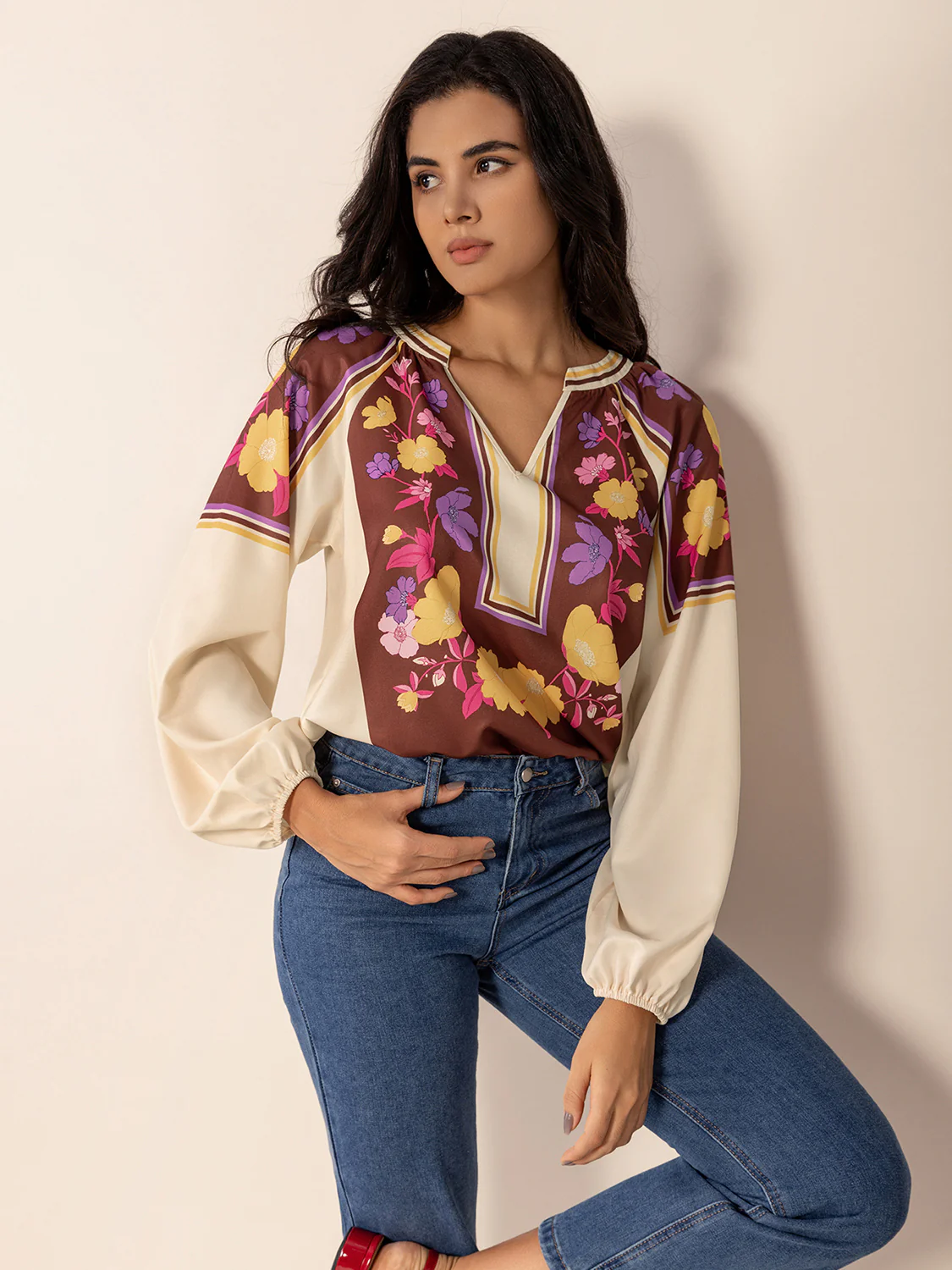Printed Notched Long Sleeve Blouse - Image 4