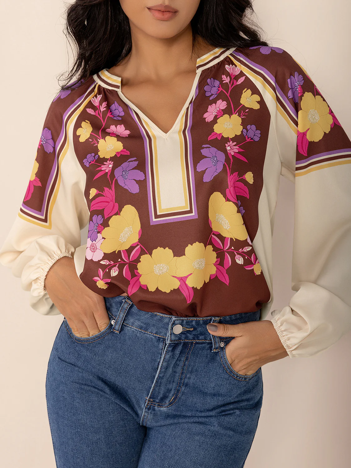 Printed Notched Long Sleeve Blouse - Image 5