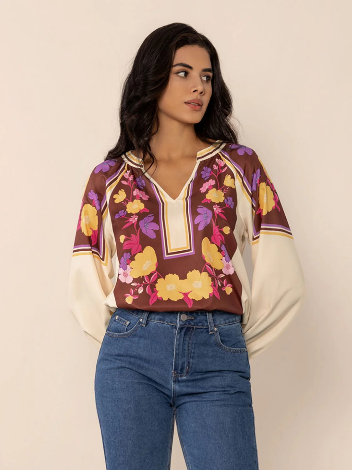 Printed Notched Long Sleeve Blouse - Image 7