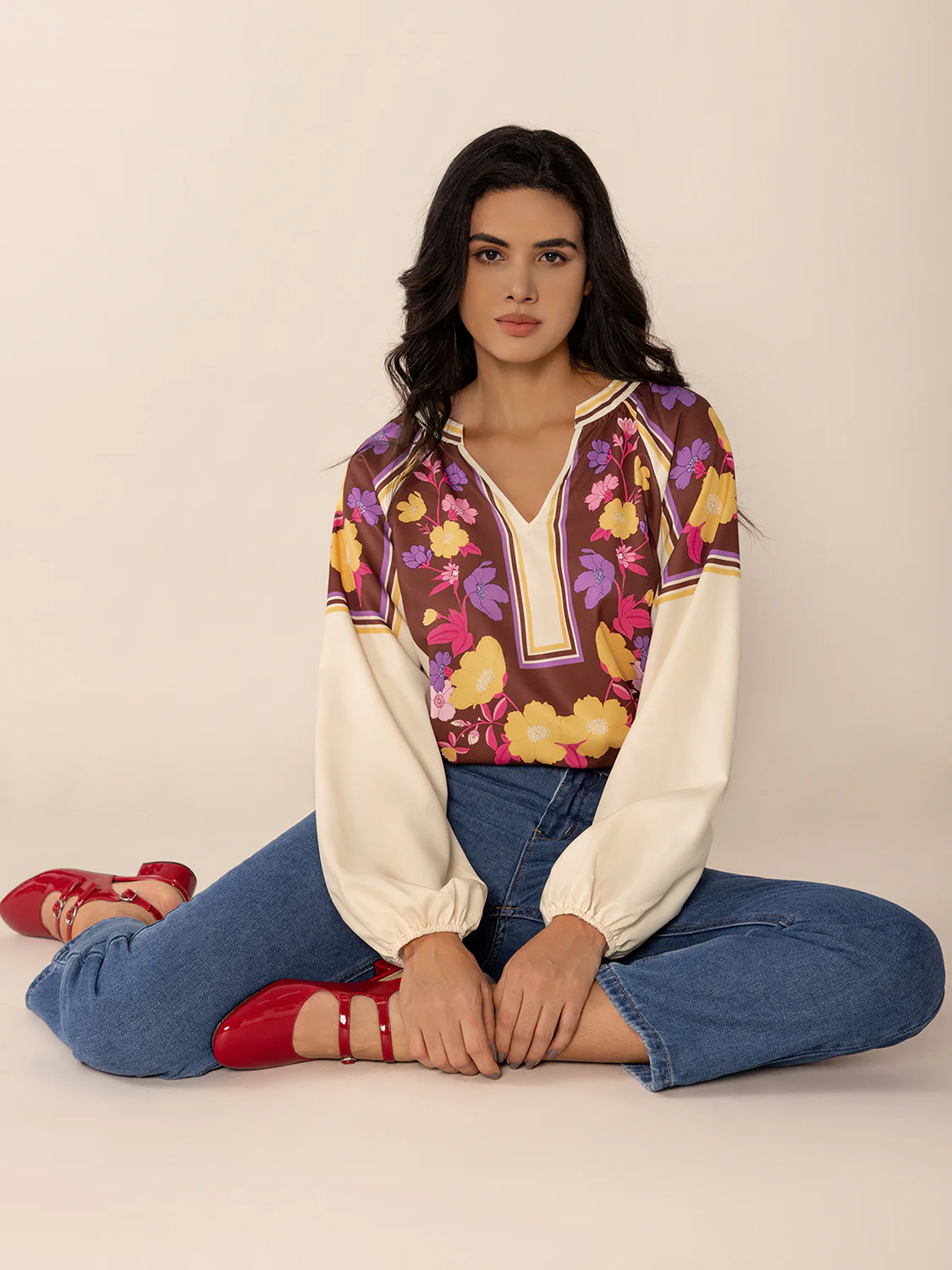 Printed Notched Long Sleeve Blouse - Image 8