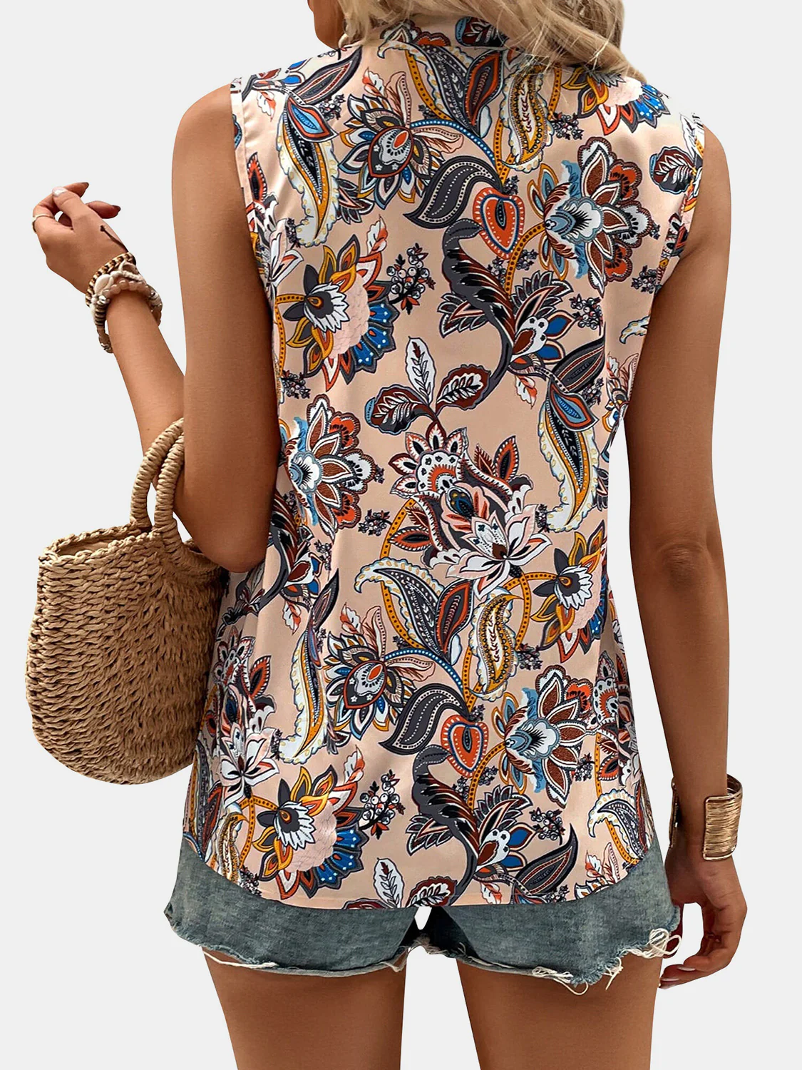 Printed Notched Sleeveless Top - Image 2