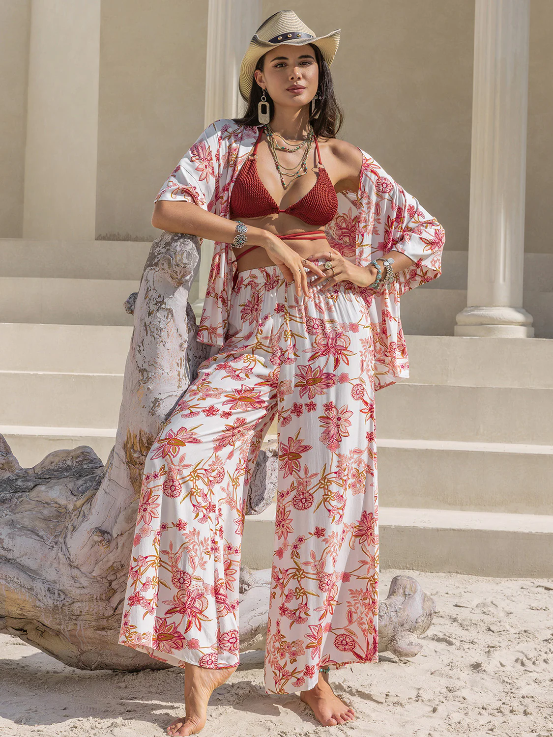 Printed Open Front Half Sleeve Top and Pants Set - Image 4