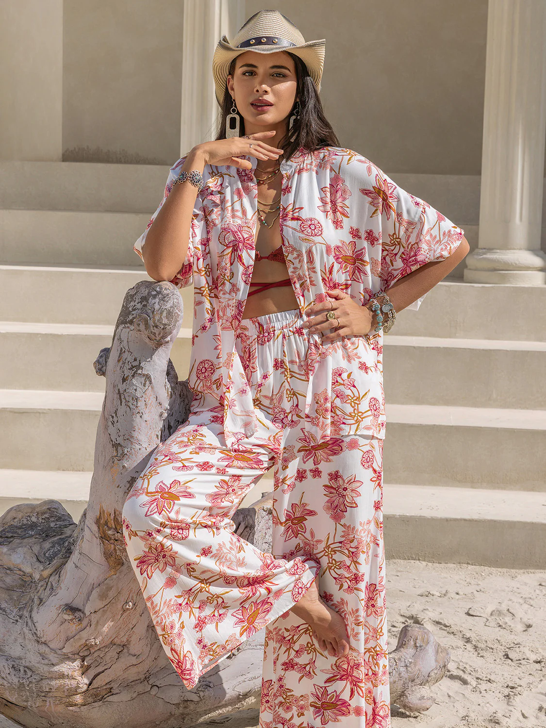 Printed Open Front Half Sleeve Top and Pants Set - Image 5
