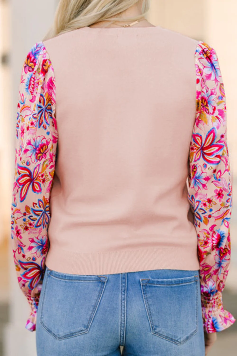 Printed Round Neck Flounce Sleeve Sweater - Image 3