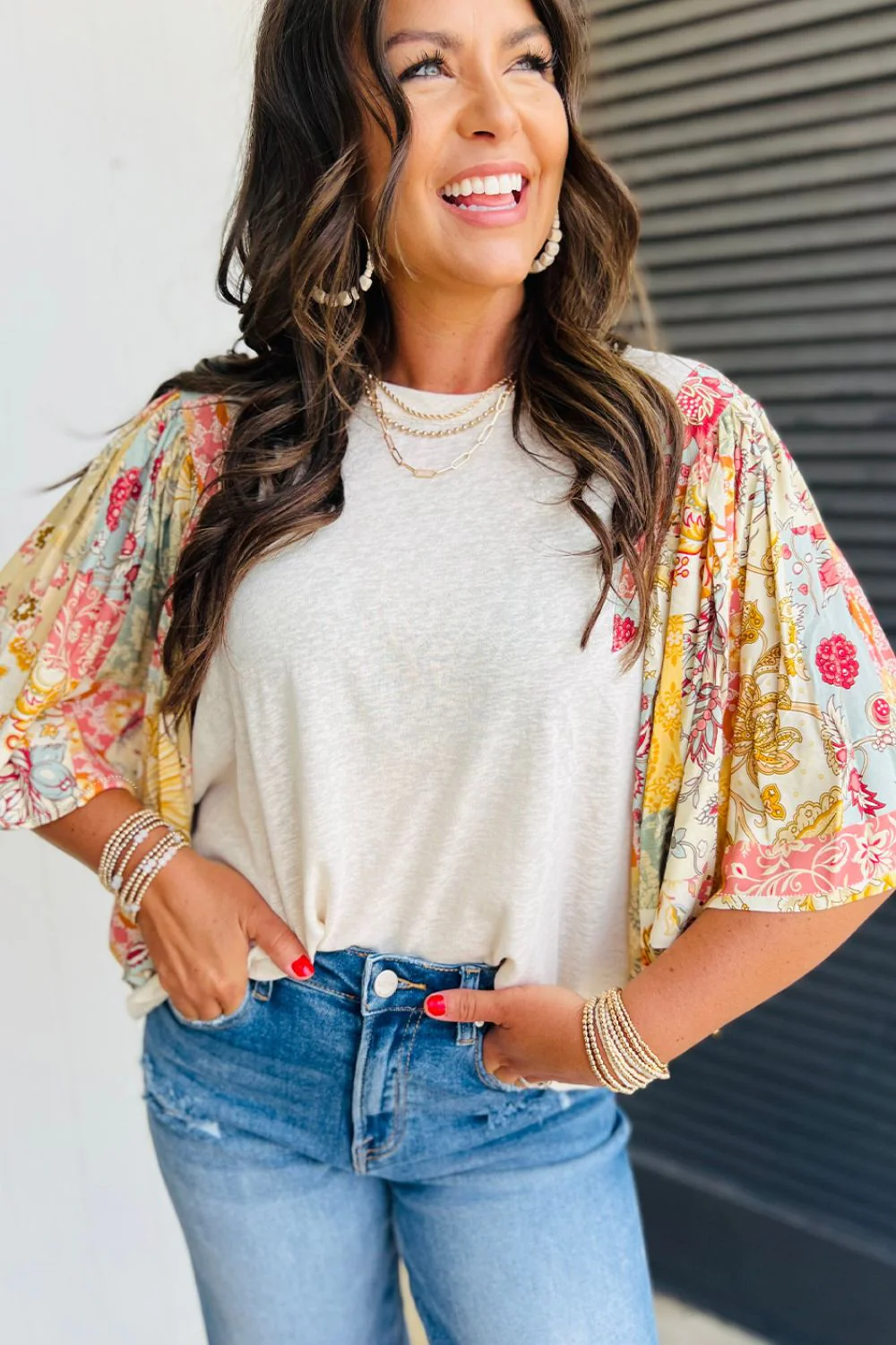 Printed Round Neck Flutter Sleeve Blouse - Image 2