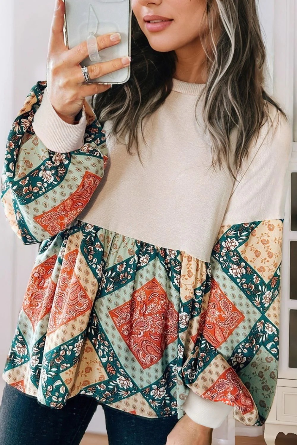 Printed Round Neck Long Sleeve Blouse - Image 2