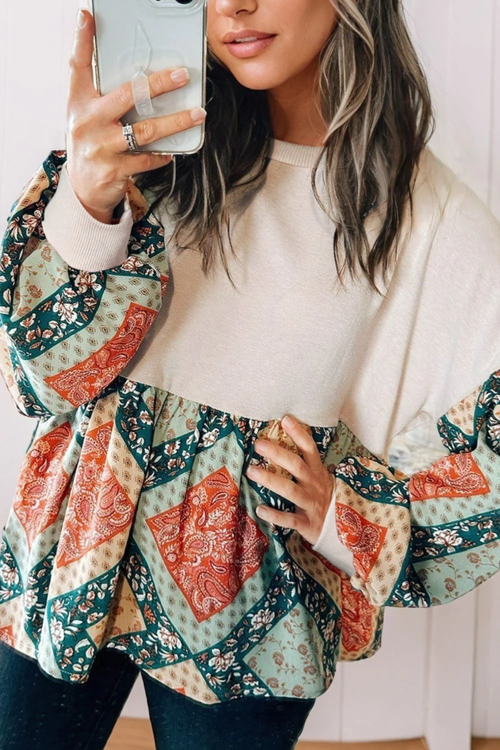 Printed Round Neck Long Sleeve Blouse - Image 3