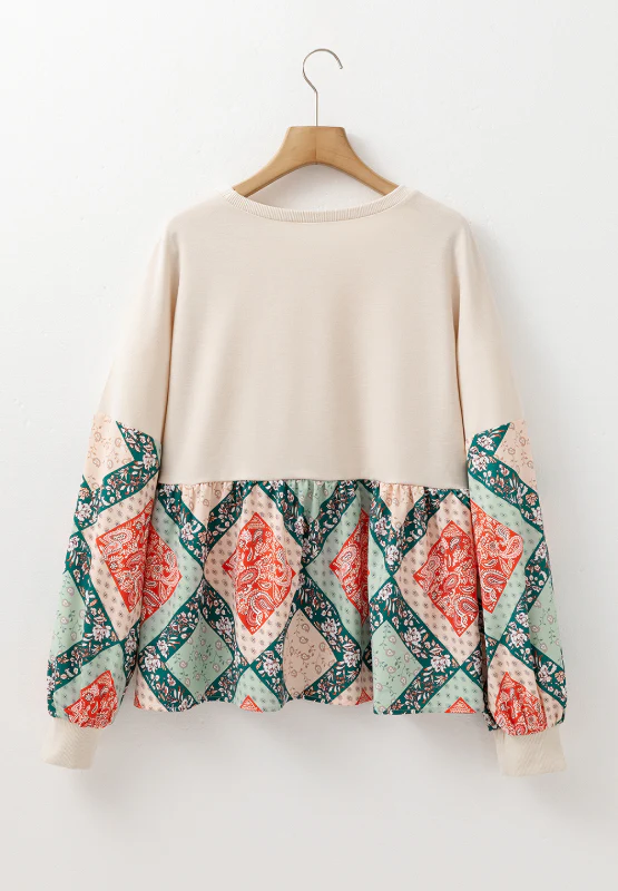 Printed Round Neck Long Sleeve Blouse - Image 5