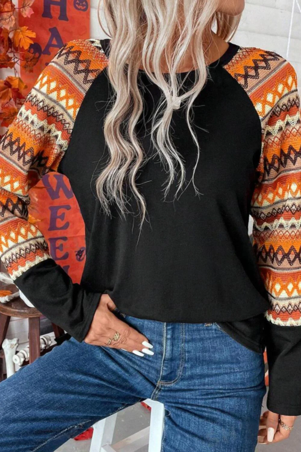 Printed Round Neck Raglan Sleeve Blouse - Image 2