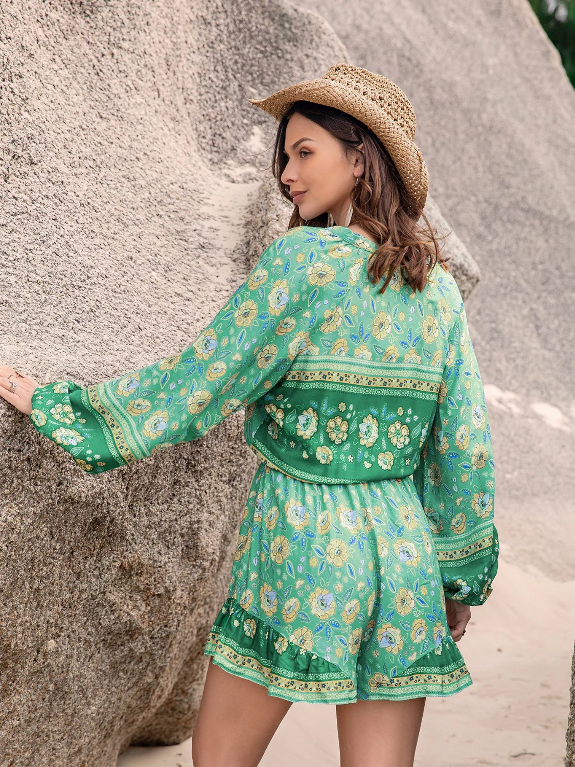 Printed Ruffled Balloon Sleeve Romper - Image 2
