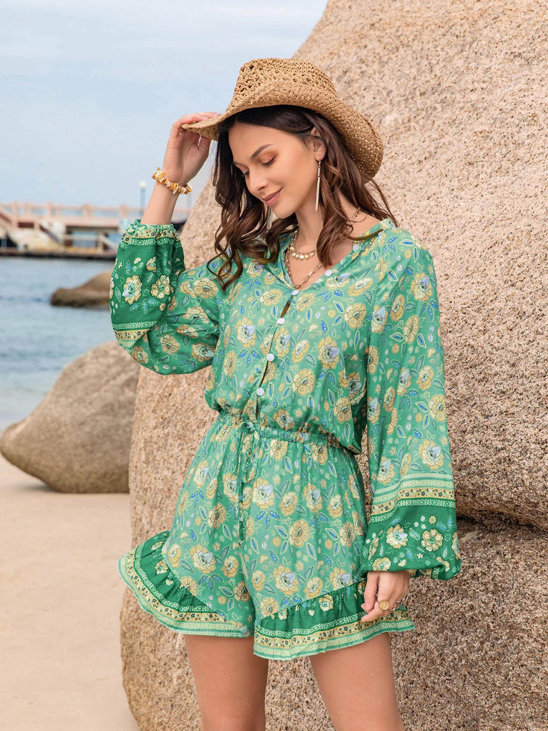 Printed Ruffled Balloon Sleeve Romper - Image 3