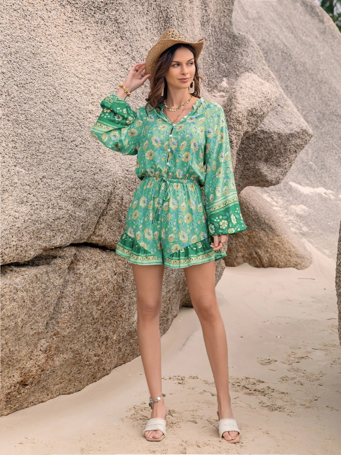 Printed Ruffled Balloon Sleeve Romper - Image 4