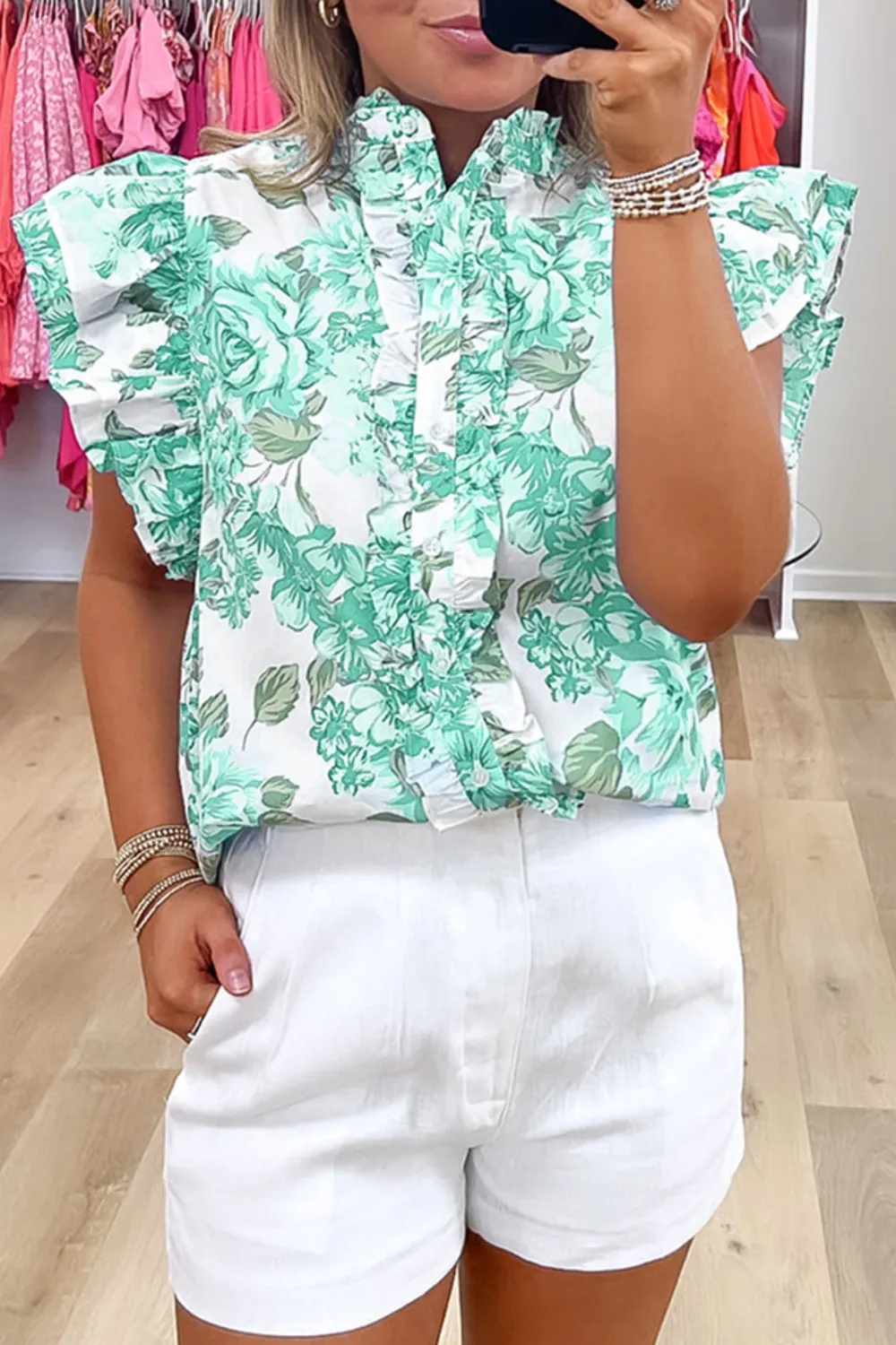 Printed Ruffled Sleeve Button-Up Blouse