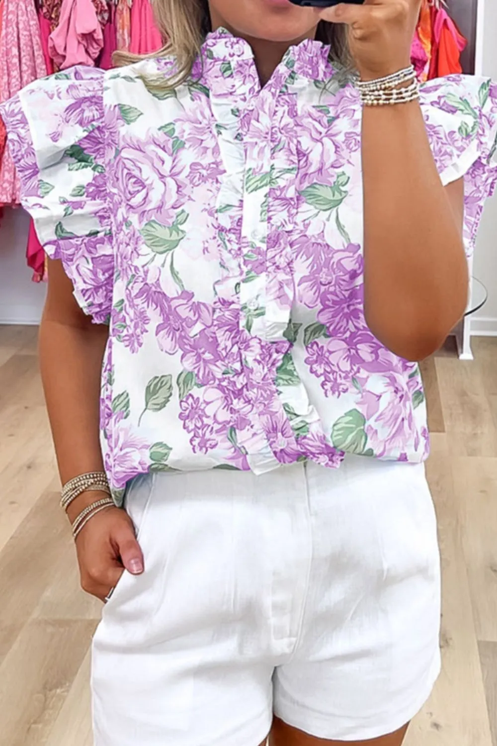Printed Ruffled Sleeve Button-Up Blouse - Image 11