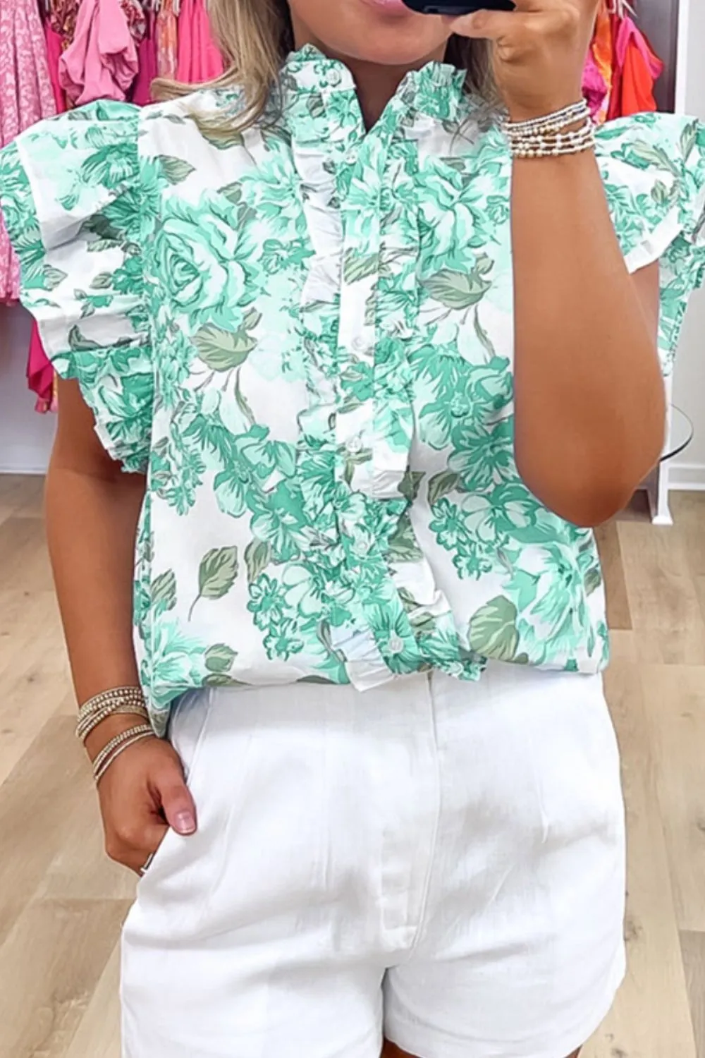 Printed Ruffled Sleeve Button-Up Blouse - Image 3