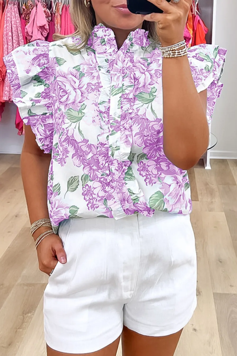 Printed Ruffled Sleeve Button-Up Blouse - Image 9