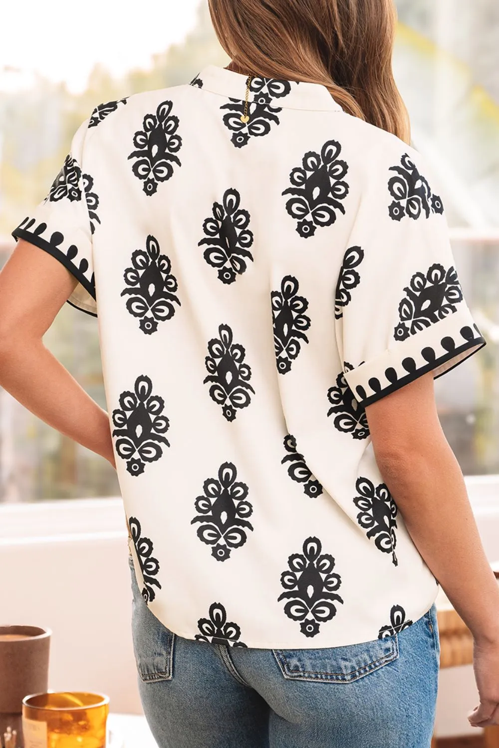 Printed Short Sleeve Loose Blouse - Image 4
