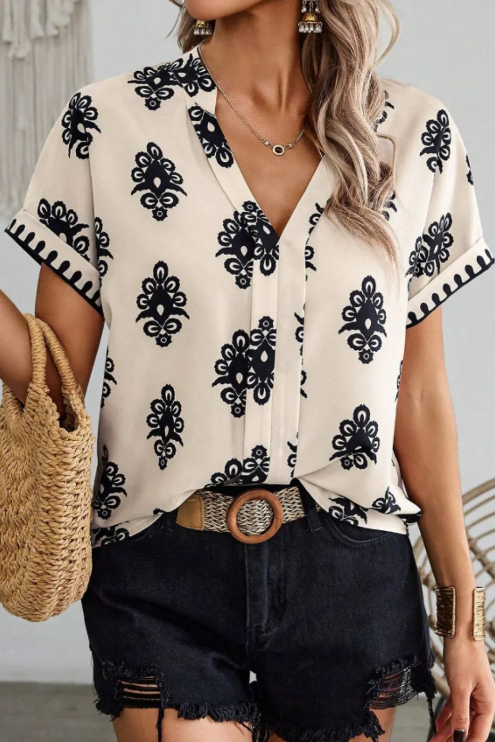 Printed Short Sleeve Loose Blouse - Image 8
