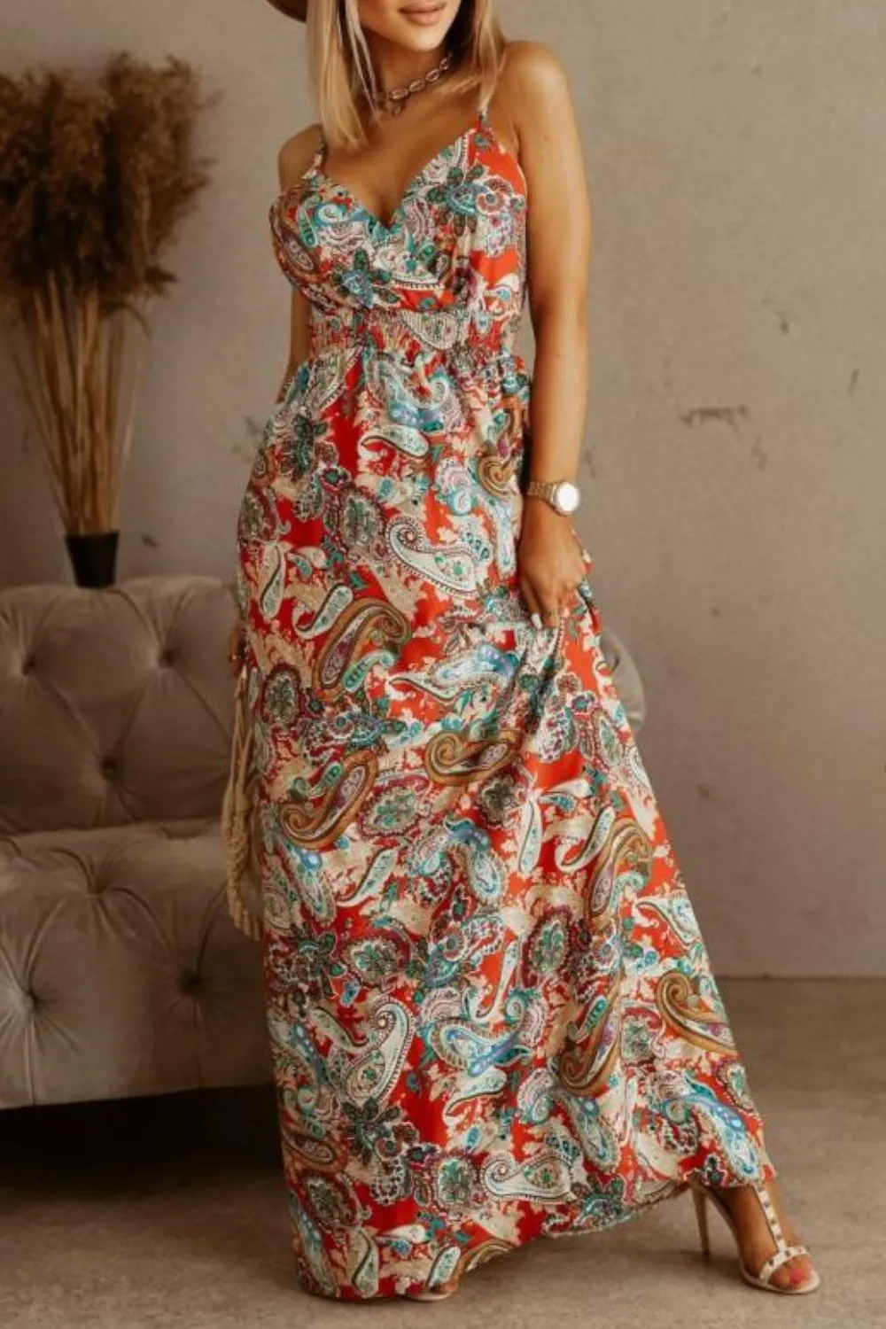 Printed Spaghetti Strap Maxi Dress - Image 22
