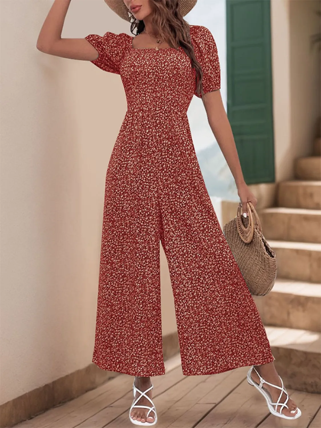 Printed Square Neck Puff Sleeve Jumpsuit - Image 12