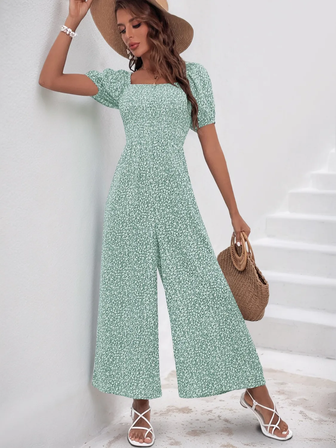Printed Square Neck Puff Sleeve Jumpsuit - Image 18