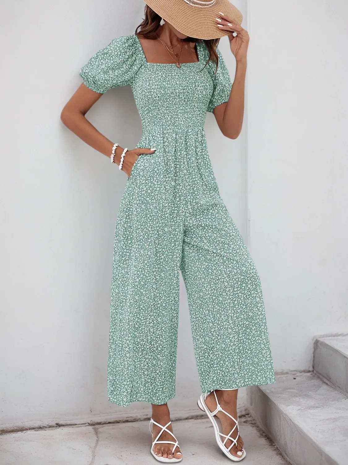 Printed Square Neck Puff Sleeve Jumpsuit - Image 19