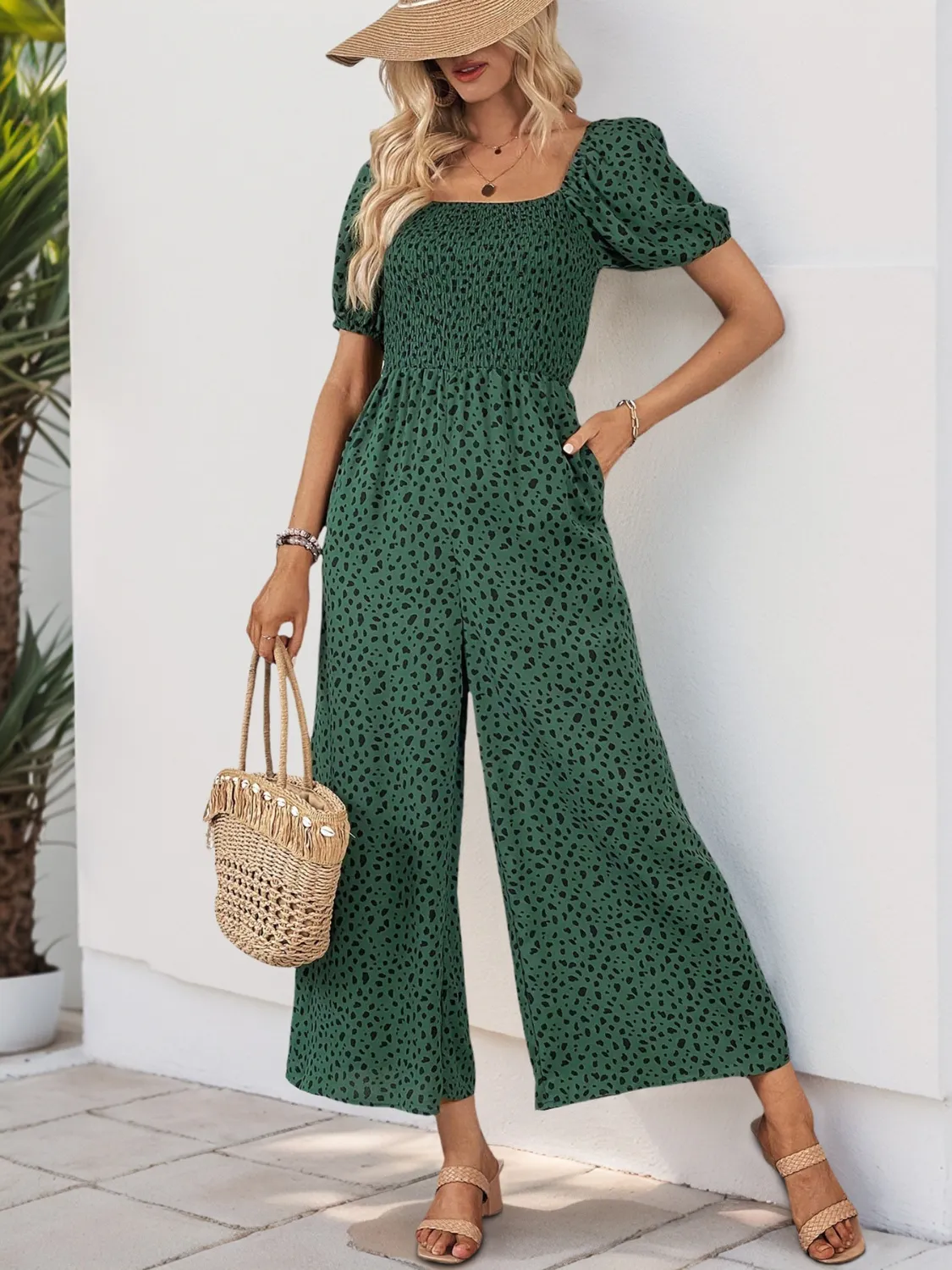 Printed Square Neck Puff Sleeve Jumpsuit - Image 6