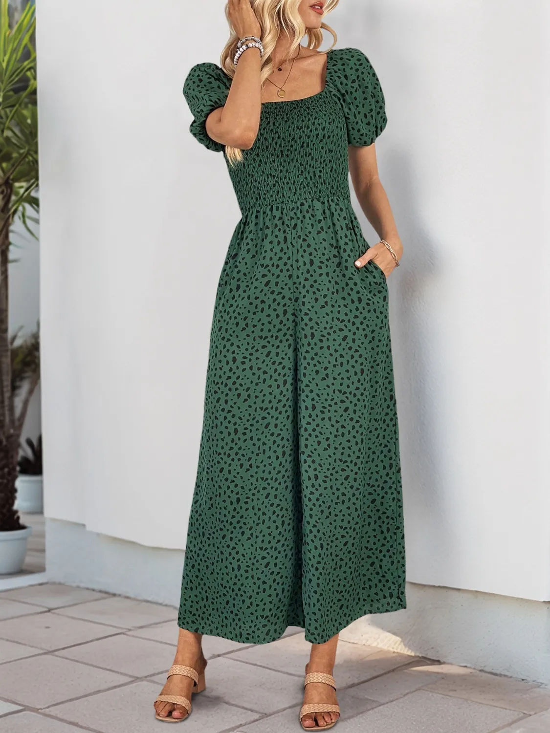 Printed Square Neck Puff Sleeve Jumpsuit - Image 8